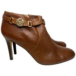 COACH 10 Salene Logo Ankle Booties Dark Ginger Brown Leather Stiletto Heel Boots